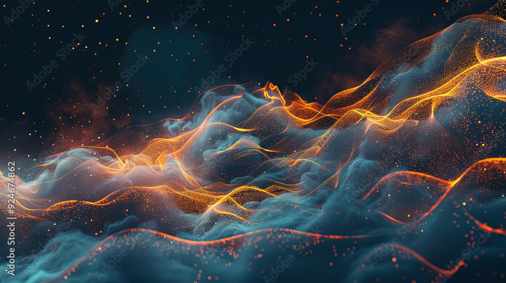 A vibrant blue and yellow background with colorful cloud-like shapes and abstract lines. Illustration of digital information flow in space. A vibrant blue and yellow background with colorful cloud-like shapes and abstract lines. Illustration of digital information flow in space.