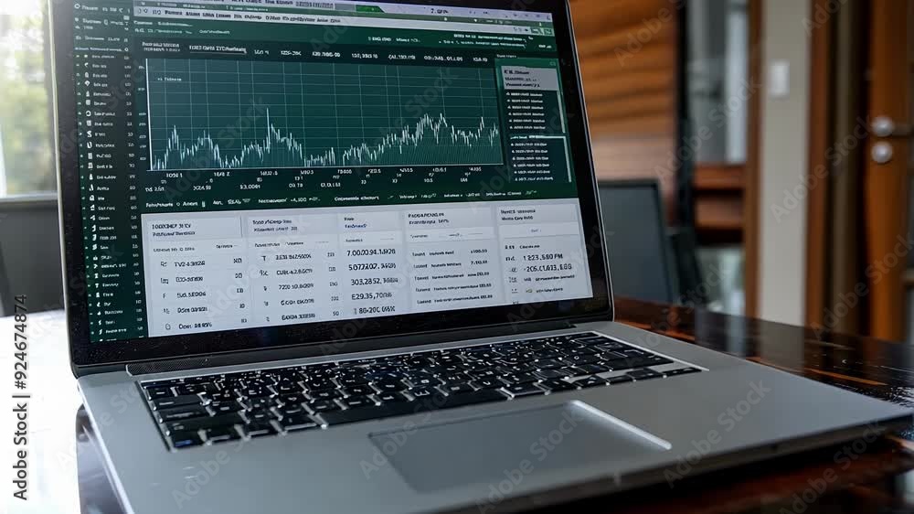 A laptop displaying a graph of stock prices. The laptop is open to a screen showing the stock prices of various companies A laptop displaying a graph of stock prices. The laptop is open to a screen showing the stock prices of various companies