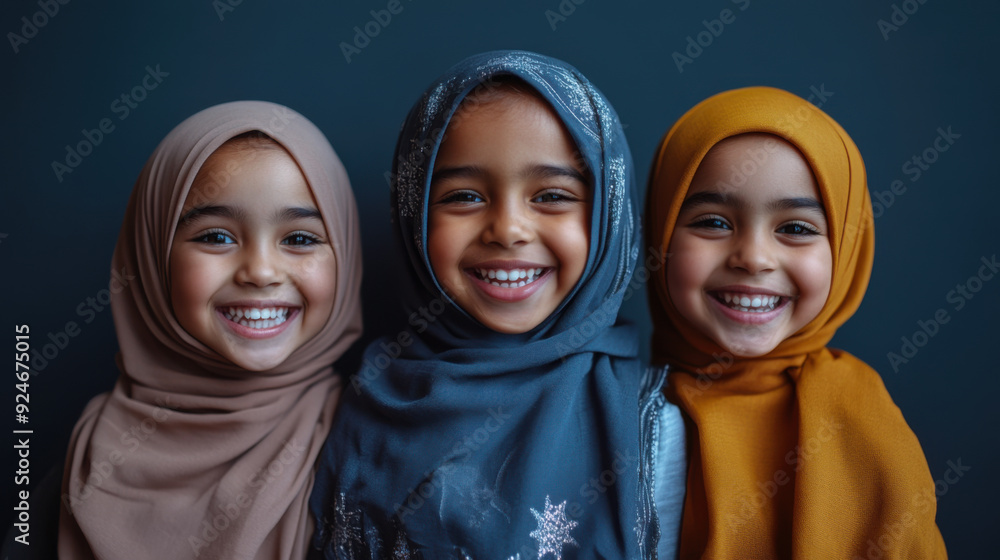 A heartwarming photo of three young, dark-skinned Muslim girls, all smiling and wearing A heartwarming photo of three young, dark-skinned Muslim girls, all smiling and wearing