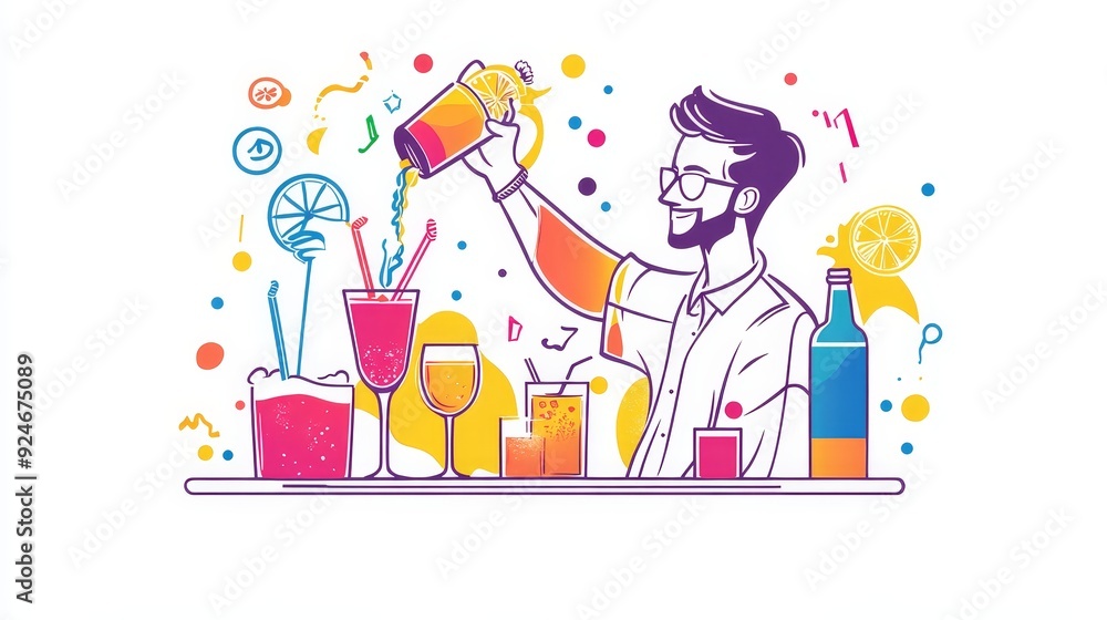 A happy bartender pouring a cocktail for a party celebration, symbolizing festivity, fun, socializing, enjoyment and good times. A happy bartender pouring a cocktail for a party celebration, symbolizing festivity, fun, socializing, enjoyment and good times.
