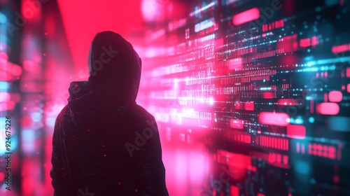 A hooded figure stands in front of a vibrant digital wall, representing the anonymity and mystery of hacking in the digital age. The neon lights symbolize the fast-paced nature of technology, while th