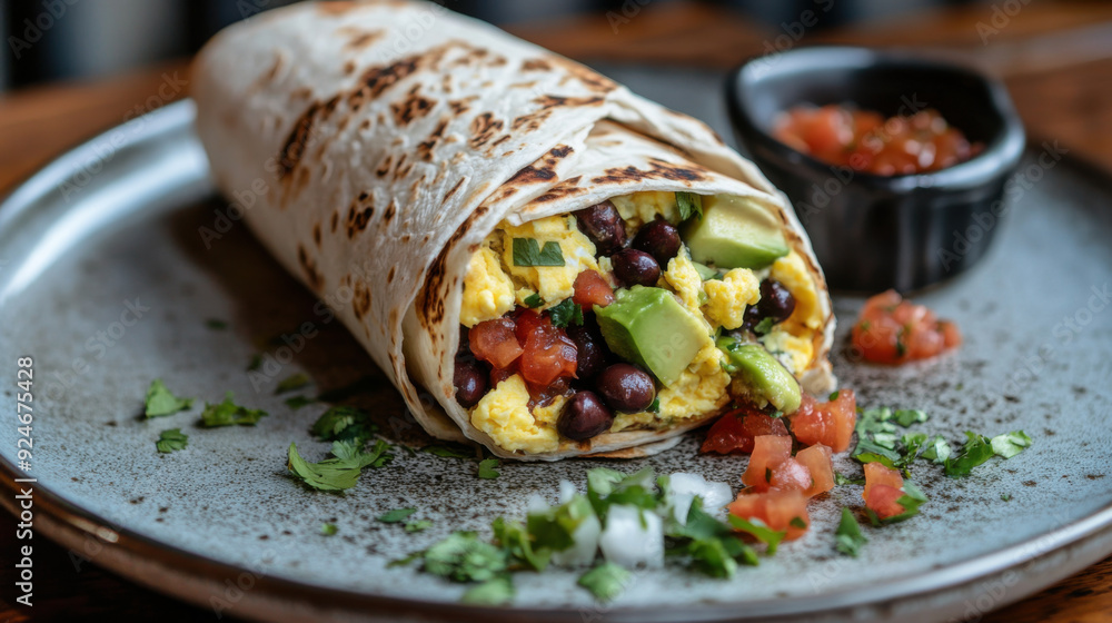 A hearty breakfast with a breakfast burrito stuffed with scrambled eggs, black beans, A hearty breakfast with a breakfast burrito stuffed with scrambled eggs, black beans,