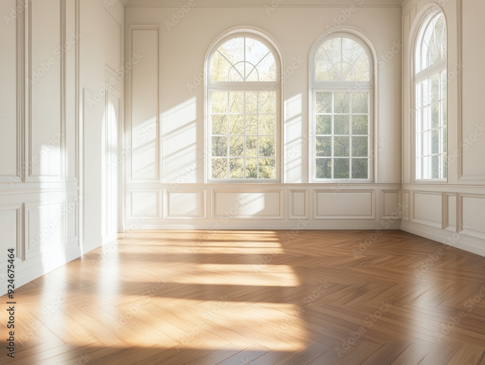 Fototapeta premium A large room with white walls and wooden floors