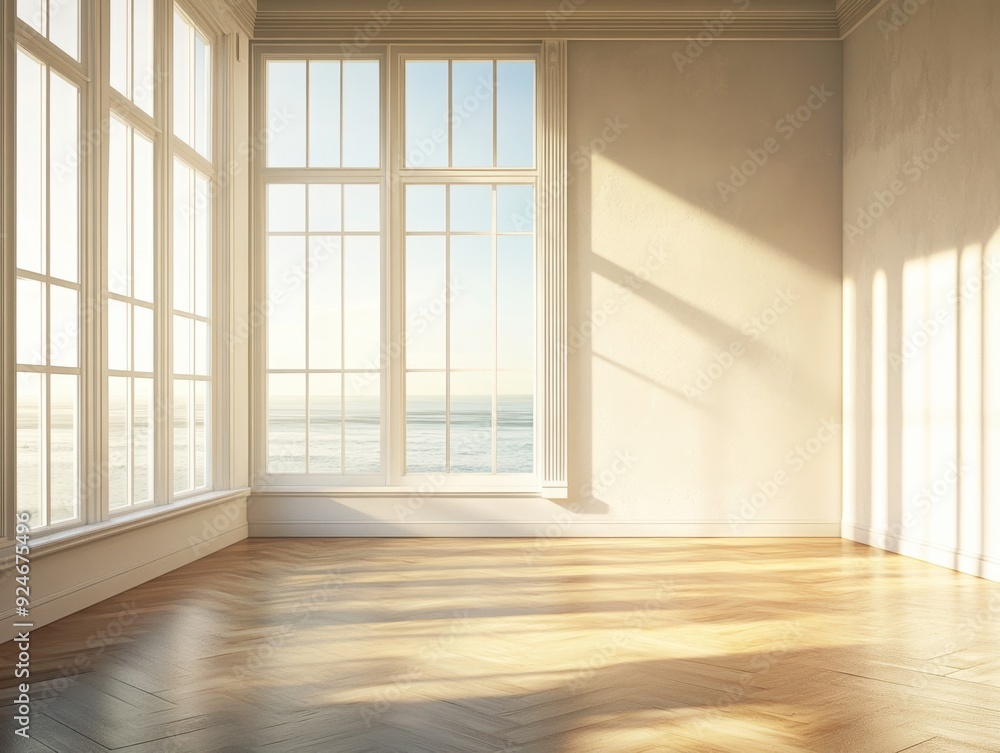 Obraz premium A large, empty room with a large window overlooking the ocean