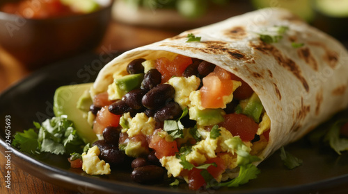 A hearty breakfast with a breakfast burrito stuffed with scrambled eggs, black beans,