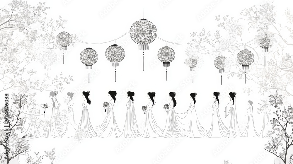A line of graceful figures in traditional Chinese wedding attire, walking under a canopy of lanterns, symbolizes love, tradition, celebration, unity, and elegance.