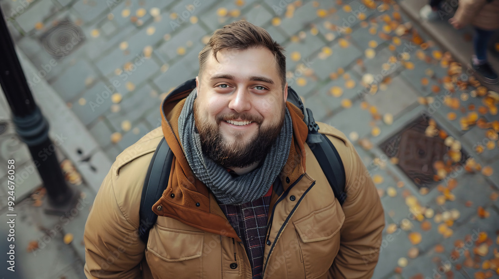 Fototapeta premium Joyful man wearing a warm jacket, with a backpack, enjoying a beautiful autumn park scenery