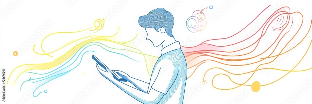 A man using a smartphone with colorful abstract lines flowing around him, symbolizing ideas, inspiration, connectivity, innovation, and growth. A man using a smartphone with colorful abstract lines flowing around him, symbolizing ideas, inspiration, connectivity, innovation, and growth.