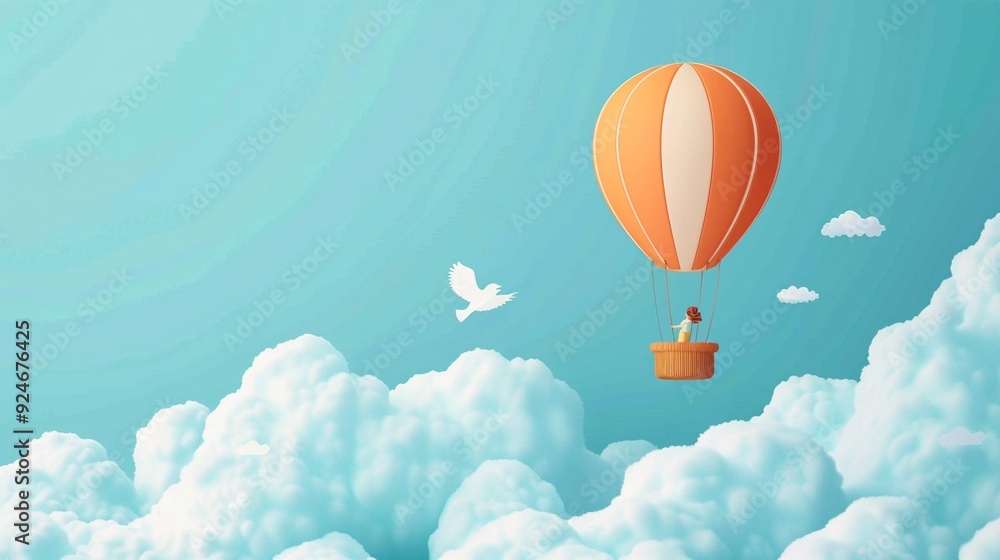 Obraz premium Child in a hot air balloon, above clouds, adventure awaits, logo, art, emblem, simple cartoon 2D