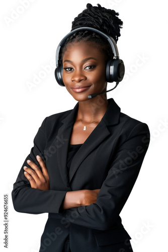 Beautiful african woman call center operator isolated on white background, Woman with headphones looking at camera and smiling