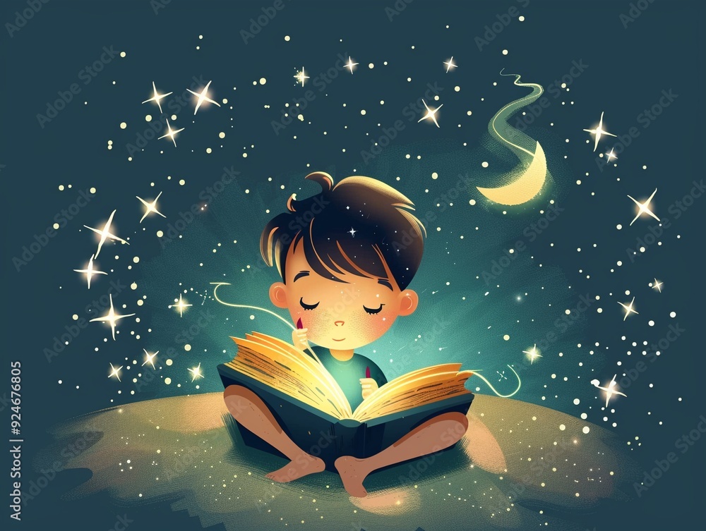 Fototapeta premium Child with a magic book, spells swirling around, fantasy, logo, art, emblem, simple cartoon 2D