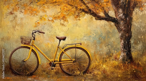 Illustration of a yellow bicycle in an autumn scene near a tree, in a textured canvas style. The generation of AI