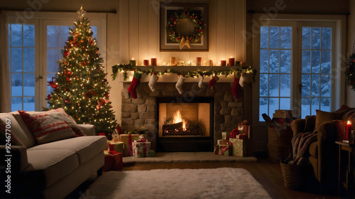 Wallpaper Mural fireplace with christmas decorations. cozy christmas living room Torontodigital.ca