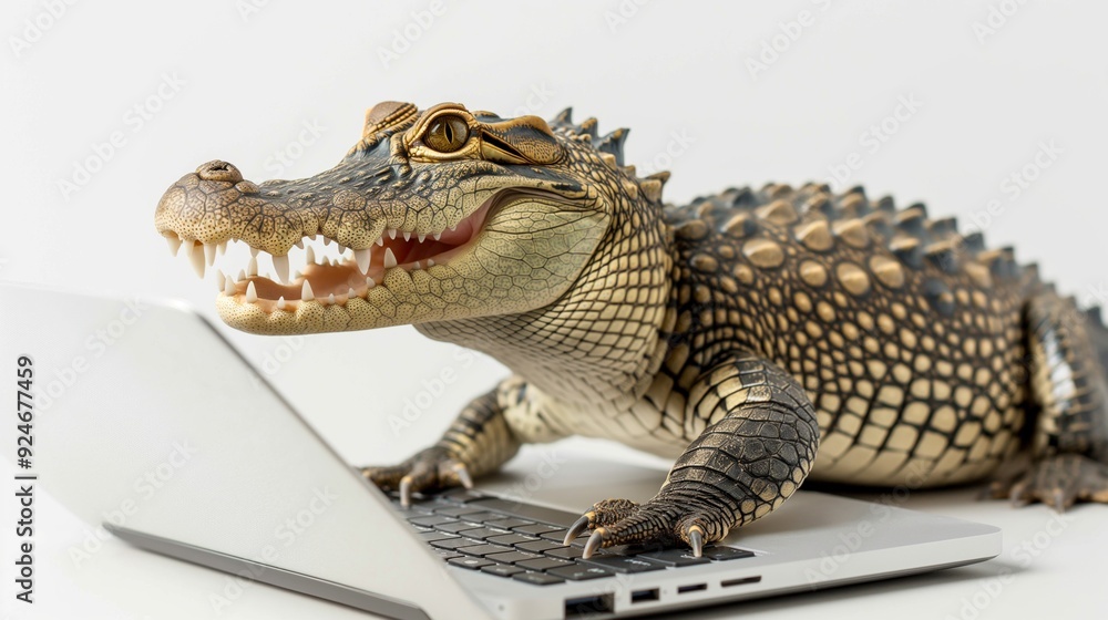 Fototapeta premium Crocodile using laptop on white background in studio.