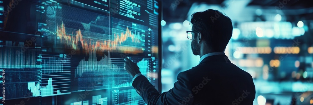 Fototapeta premium A professional analyzing digital financial data on a screen, embodying concepts of innovation, technology, finance, analysis, and strategy.