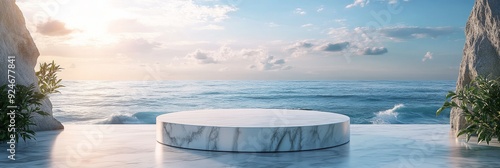 A pristine marble platform stands  on a white beach, with the vast ocean and a vibrant sunset  in the background. Two rock formations frame the scene,  with lush greenery adding a touch of tranquility