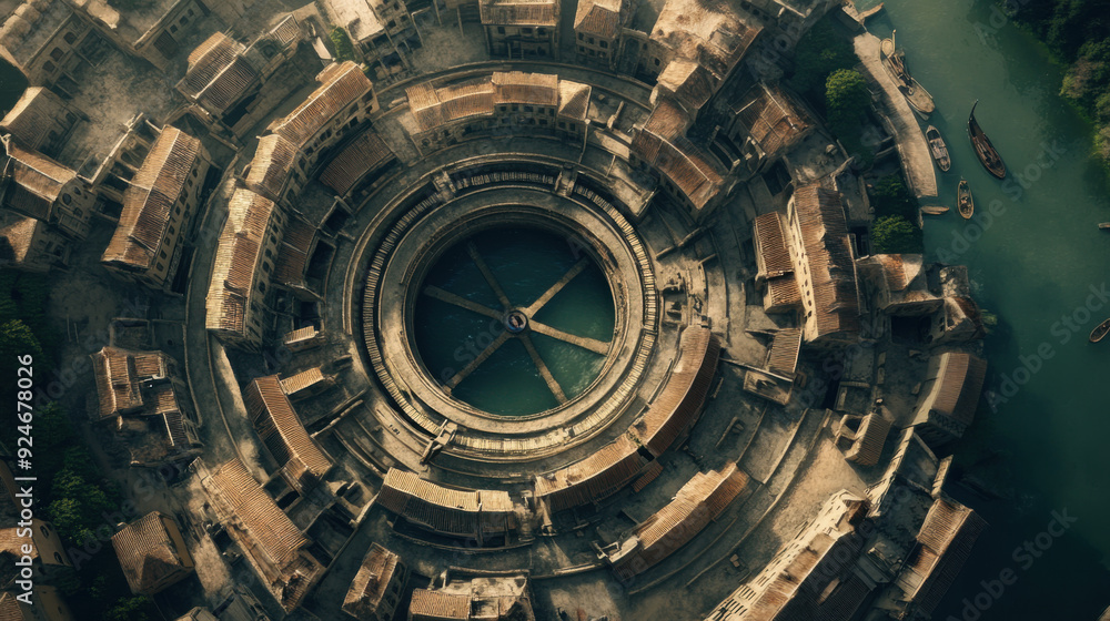 A historic European city with concentric circular architecture and waterways, showing a person A historic European city with concentric circular architecture and waterways, showing a person
