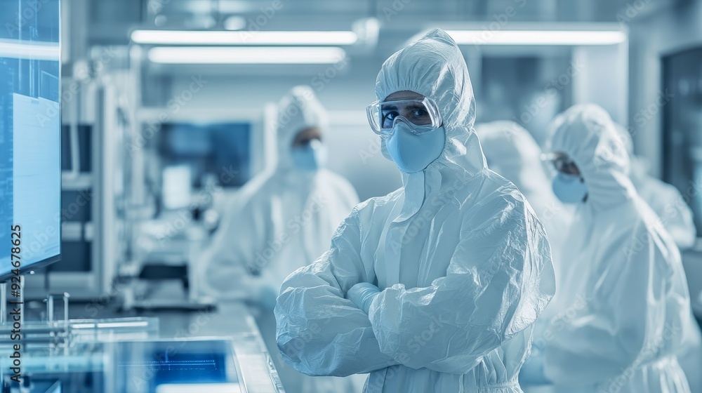 A scientist in a cleanroom environment, wearing a white lab coat, safety goggles, and a face mask, conveys a sense of professionalism, precision, and scientific advancement. A scientist in a cleanroom environment, wearing a white lab coat, safety goggles, and a face mask, conveys a sense of professionalism, precision, and scientific advancement.