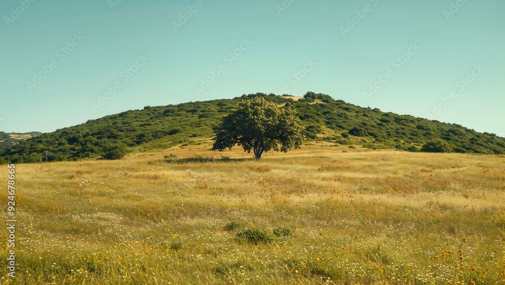 Obraz premium A solitary tree stands proudly on a gentle hillside, surrounded by lush greenery and colorful wildflowers, under a serene blue sky, capturing the essence of nature's beauty.