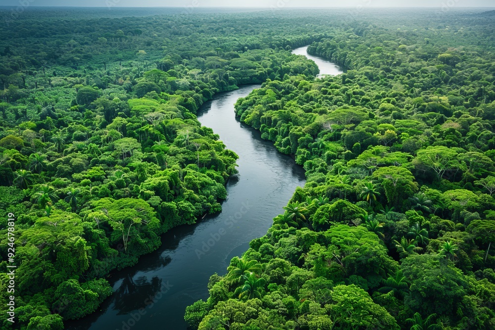 Aerial View of a Winding River Flowing Through Dense Rainforest. Aerial View of a Winding River Flowing Through Dense Rainforest.