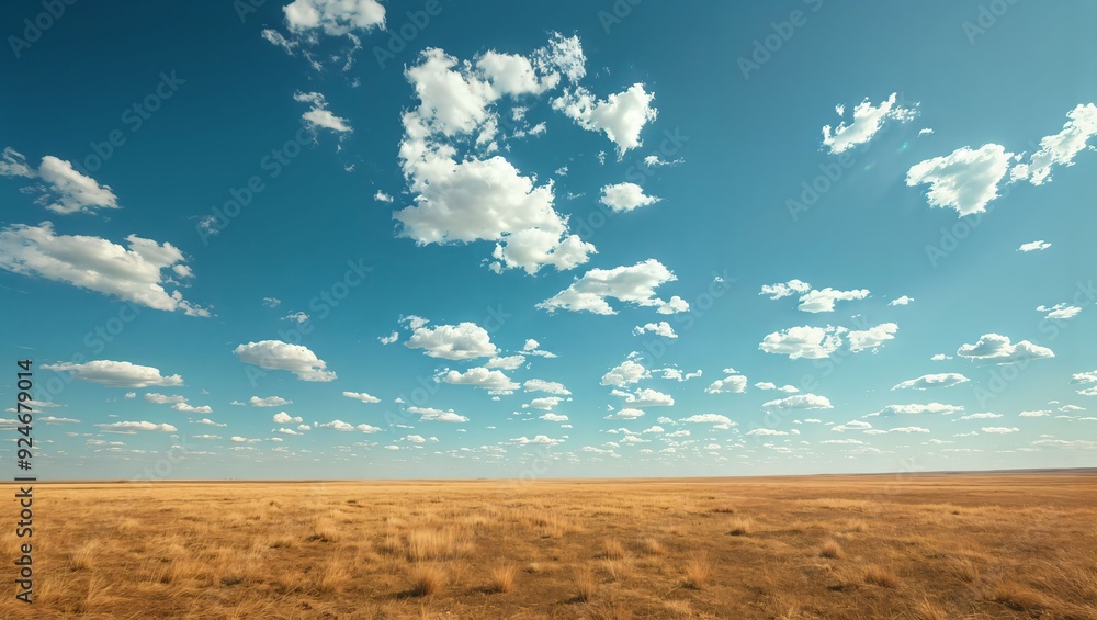 Fototapeta premium Expansive golden field under a brilliant blue sky scattered with fluffy white clouds, creating a serene atmosphere and inviting thoughts of adventure and tranquility.