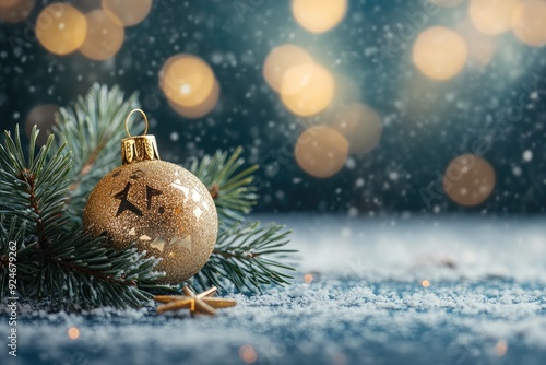 Golden Christmas Ornament on a Snowy Pine Branch with Bokeh Lights photo