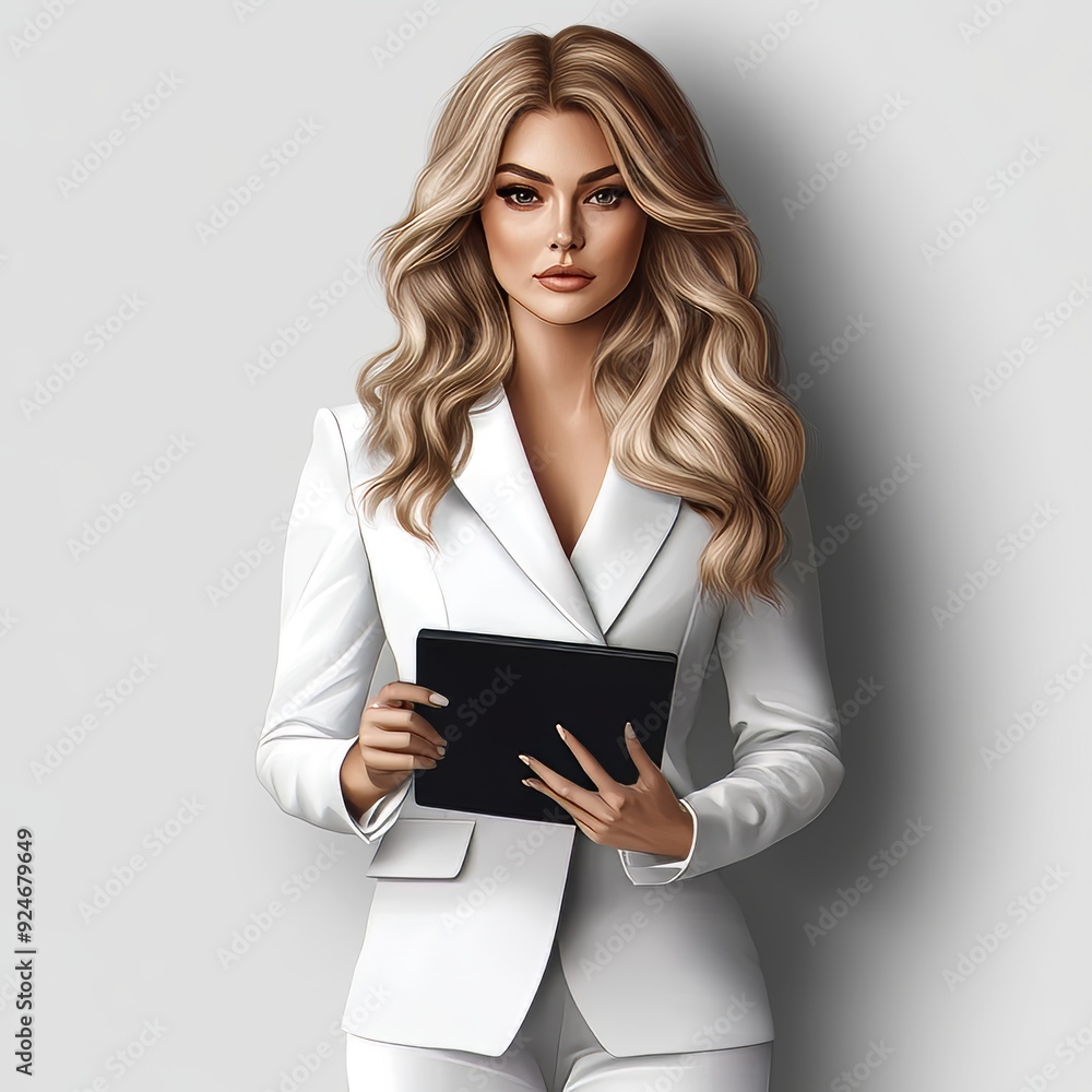 Isolated on white background, a portrait of a smiling businesswoman with a tablet and paper Isolated on white background, a portrait of a smiling businesswoman with a tablet and paper