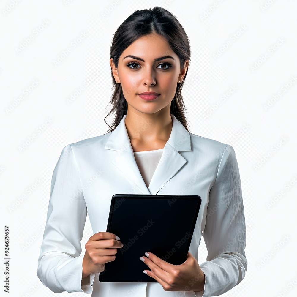 A white background with an isolated portrait of a smiling businesswoman holding a tablet and a piece of paper, isolated on a white background A white background with an isolated portrait of a smiling businesswoman holding a tablet and a piece of paper, isolated on a white background