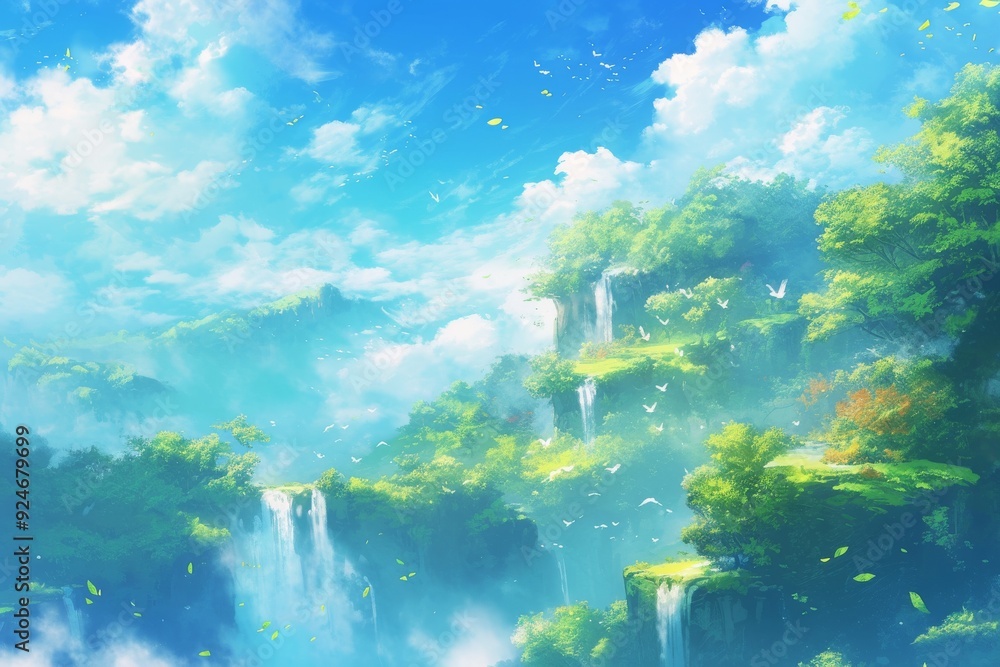 Fantasy landscape with waterfalls, floating islands, and clouds, perfect for a dreamy, mystical, or magical background. Fantasy landscape with waterfalls, floating islands, and clouds, perfect for a dreamy, mystical, or magical background.