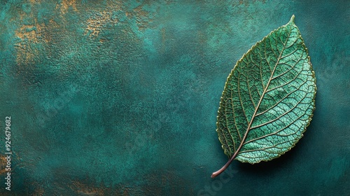 A single green leaf rests on a teal textured background, symbolizing nature, growth, tranquility, freshness, and simplicity. photo