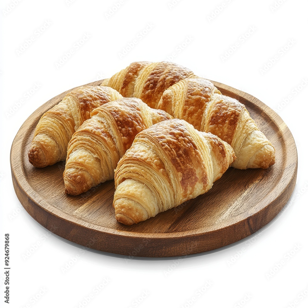 The croissant is isolated on a white background on a wooden plate with a transparent coating The croissant is isolated on a white background on a wooden plate with a transparent coating
