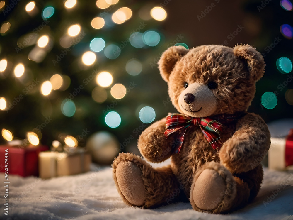 A teddy bear sits with a small gift, with a blurry background of Christmas lights and a decorated pine tree. A teddy bear sits with a small gift, with a blurry background of Christmas lights and a decorated pine tree.