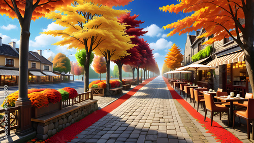 beautiful autumn scenery, lane, clear sky, cafe,Generative AI photo