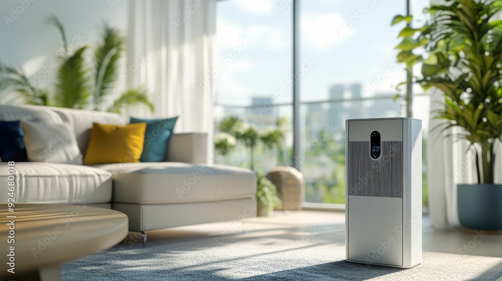Fototapeta premium A sleek white air purifier sits on a stylish rug in a modern living room, symbolizing clean air, fresh start, health, well-being, and home comfort.