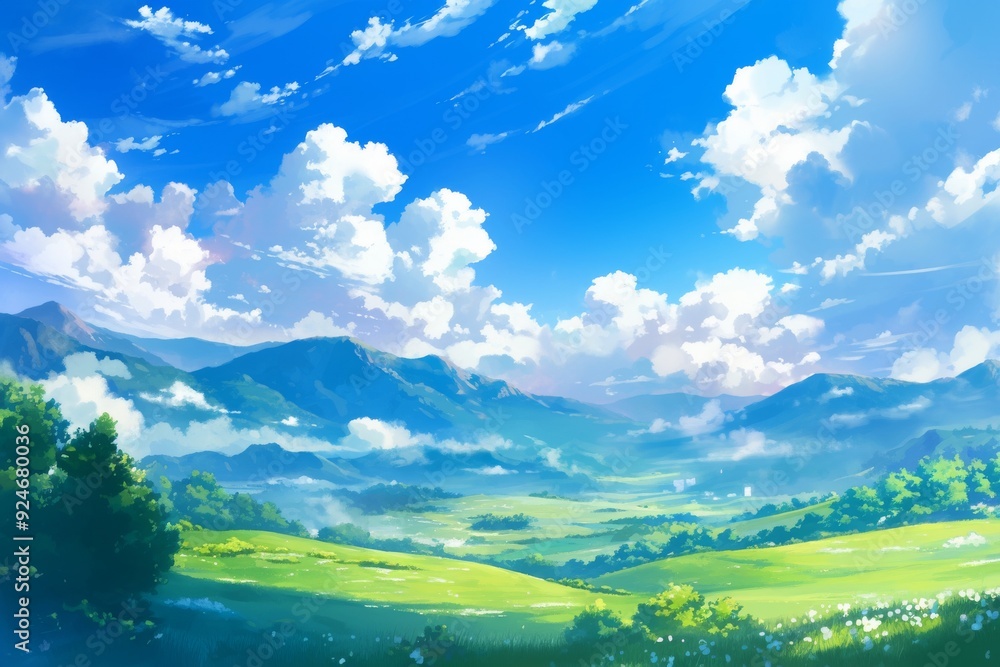 Beautiful scenic landscape with green grass, rolling hills, lush trees and a bright blue sky with fluffy white clouds. Tranquil and serene nature scene perfect for desktop wallpaper or backgrounds. Beautiful scenic landscape with green grass, rolling hills, lush trees and a bright blue sky with fluffy white clouds. Tranquil and serene nature scene perfect for desktop wallpaper or backgrounds.