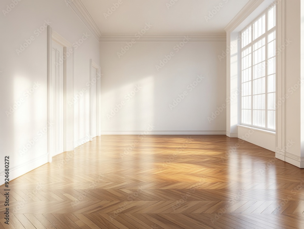 Obraz premium A large, empty room with white walls and wooden floors