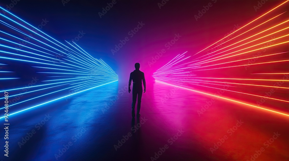 Silhouette of a Man Walking in a Futuristic Neon-Lit Corridor with Blue and Red Lights Silhouette of a Man Walking in a Futuristic Neon-Lit Corridor with Blue and Red Lights