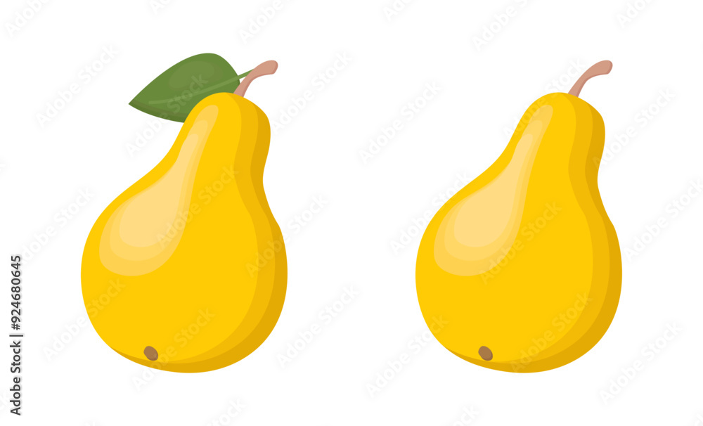 Yellow pear isolated on a white background. Vector illustration, icon of fruits. Two pears and leaf in a hand-drawn style. Yellow pear isolated on a white background. Vector illustration, icon of fruits. Two pears and leaf in a hand-drawn style.