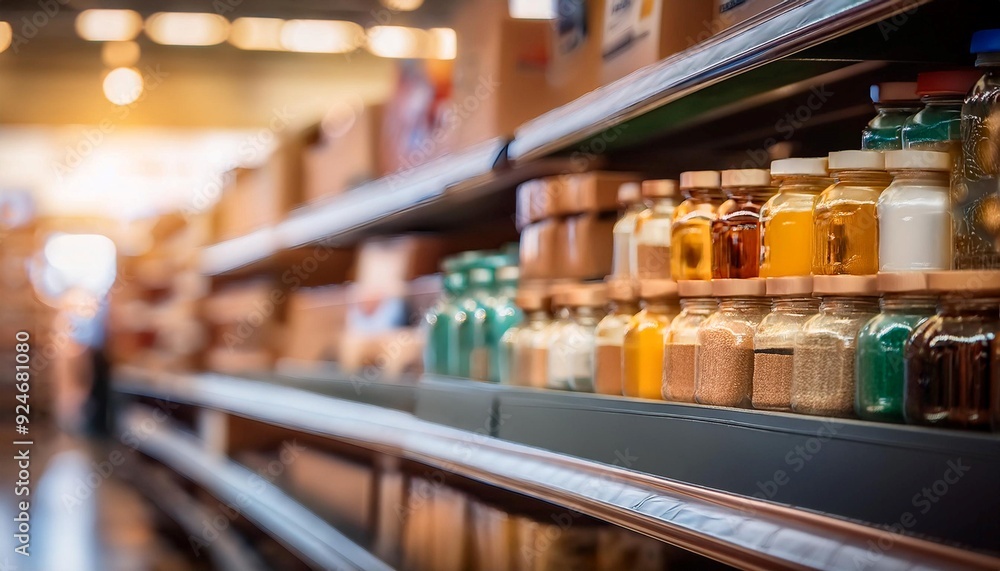 Retail store shelf with various products, symbolizing commerce, sales, and inventory. Retail store shelf with various products, symbolizing commerce, sales, and inventory.