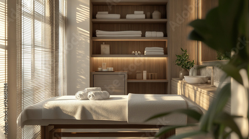 Wallpaper Mural A minimalist massage therapy room featuring a comfortable massage table, neatly arranged towels, and calming, zen-inspired décor, creating a serene and relaxing environment for therapy sessions. Torontodigital.ca
