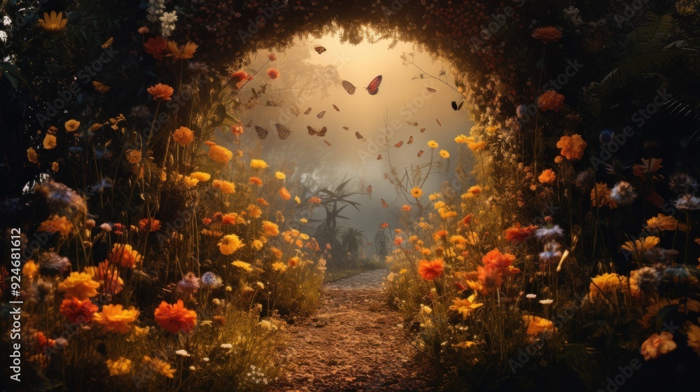 Obraz premium Mystical fantasy forest landscape with flower magic portal.