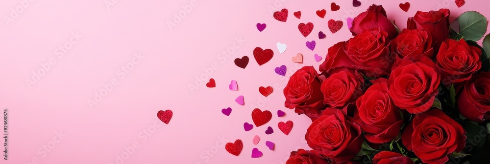A vibrant bouquet of red roses with heart-shaped confetti on a soft pink background symbolizes love, romance, passion, affection, and celebration. A vibrant bouquet of red roses with heart-shaped confetti on a soft pink background symbolizes love, romance, passion, affection, and celebration.