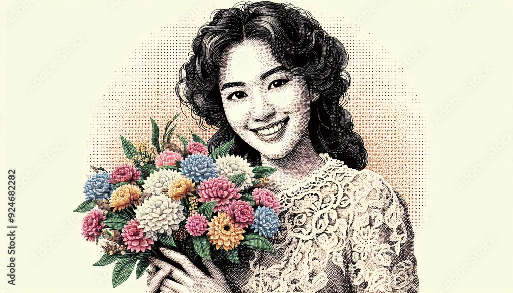 Asian woman halftone black and white portrait with colorful flowers Asian woman halftone black and white portrait with colorful flowers