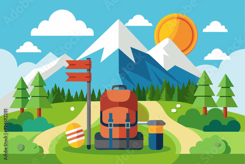 Backpack, Hiking Equipment, and Mountain Landscape