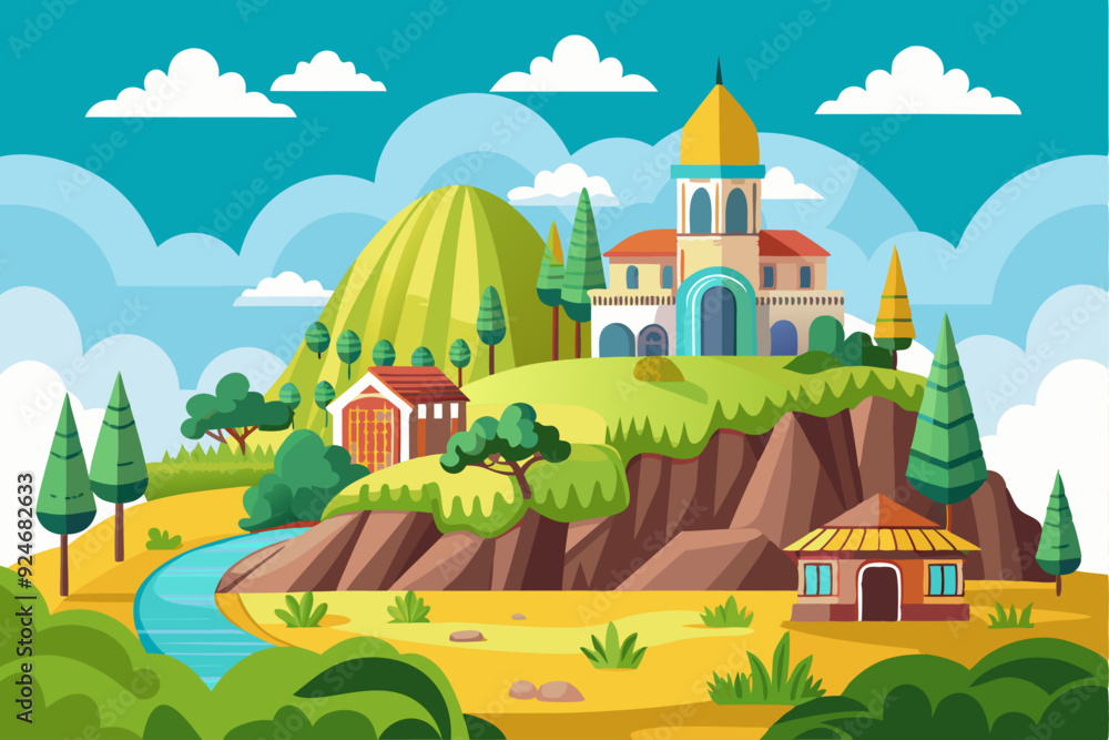 Picturesque Village Nestled on a Hillside with a Stream and Lush Greenery Picturesque Village Nestled on a Hillside with a Stream and Lush Greenery