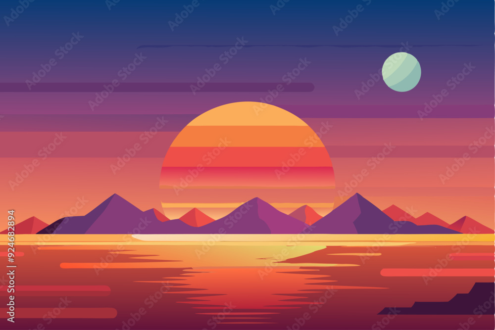 Obraz premium Sunset Over Mountains and Water with a Small Moon in the Sky