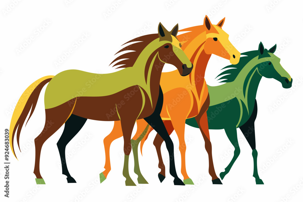 Three Stylized Horses in Green, Orange, and Brown Hues