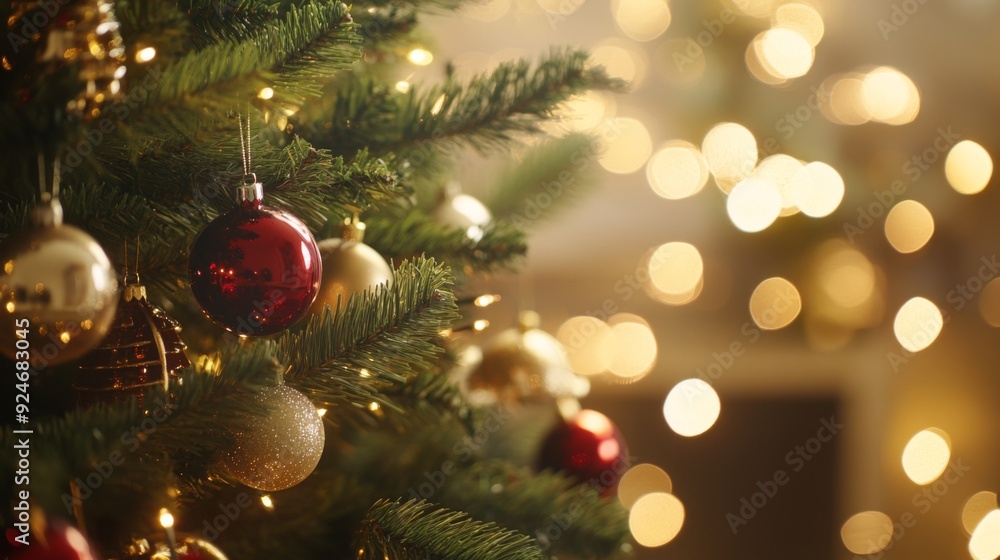 Christmas Tree Adorned with Ornaments and Magical Bokeh Background of Twinkling Fairy Lights Christmas Tree Adorned with Ornaments and Magical Bokeh Background of Twinkling Fairy Lights