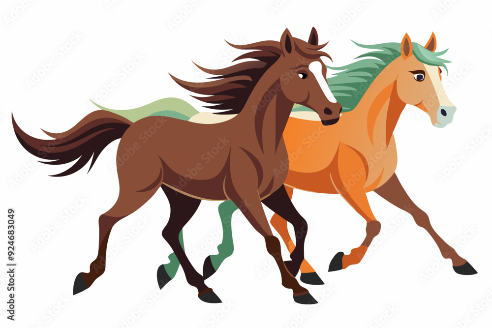 Two Horses Running Side by Side with Flowing Manes and Tails Two Horses Running Side by Side with Flowing Manes and Tails