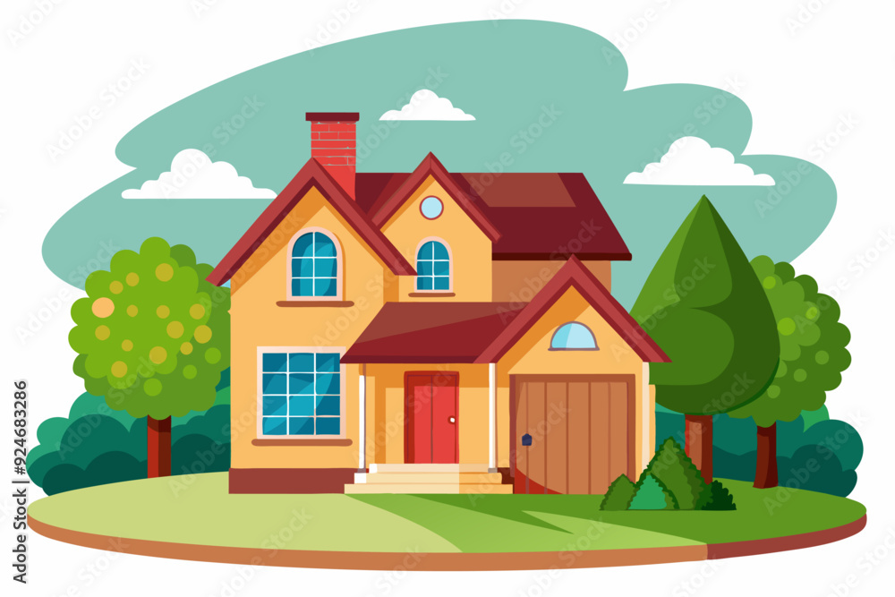 Two-Story Yellow House with Red Roof and Garage Door in a Yard with Trees Two-Story Yellow House with Red Roof and Garage Door in a Yard with Trees